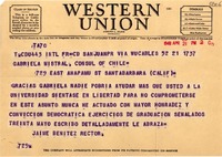 [Telegrama] 1948 abr. 21, San Juan, Puerto Rico [a] Gabriela Mistral
