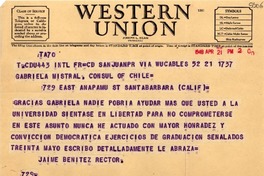 [Telegrama] 1948 abr. 21, San Juan, Puerto Rico [a] Gabriela Mistral