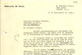 [Carta] 1944 sept. 21, London, [England] [a] Gabriela Mistral, Embajada de Chile, Rio de Janeiro, [Brasil]