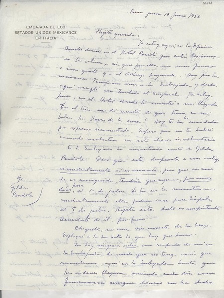 [Carta] 1952 jun. 19, Roma, [Italia] [a] Gabriela Mistral