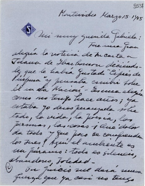 [Carta] 1945 mar. 15, Montevideo [a] Gabriela Mistral