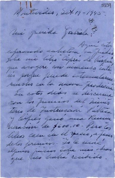 [Carta] 1945 sept. 19, Montevideo [a] Gabriela Mistral