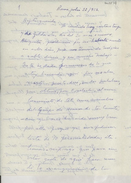 [Carta] 1952 jul. 22, Roma, [Italia] [a] Gabriela Mistral, Napoli, Italia