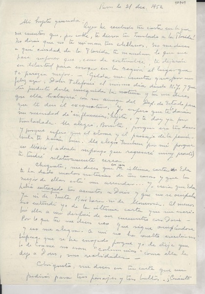 [Carta] 1952 dic. 21, París, [Francia] [a] Gabriela Mistral