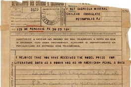 [Telegrama] 1945 nov. 17, Perkasie, Pennsylvania, [EE.UU.] [a] Gabriela Mistral, Petrópolis, [Brasil]
