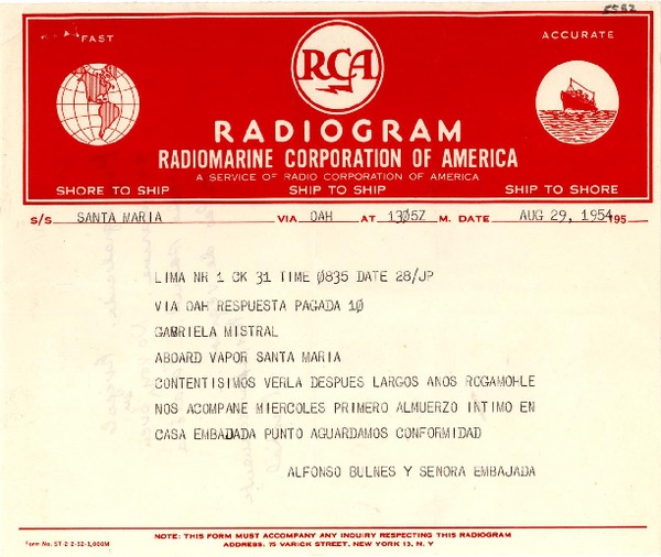 [Telegrama] 1954 ago. 29, Lima, [Perú] [a] Gabriela Mistral, a bordo del Vapor Santa María