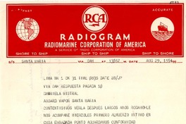 [Telegrama] 1954 ago. 29, Lima, [Perú] [a] Gabriela Mistral, a bordo del Vapor Santa María