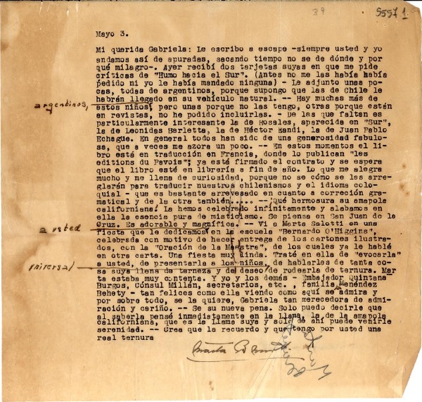 [Carta] 1939 mayo 3, Santiago [a] Gabriela Mistral
