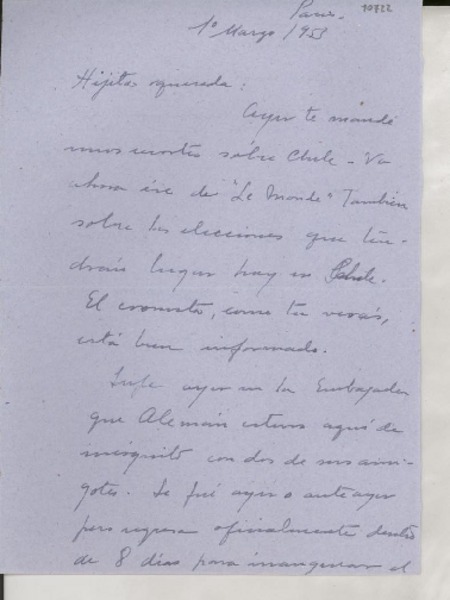 [Carta] 1953 mar. 1, París, [Francia] [a] Gabriela Mistral
