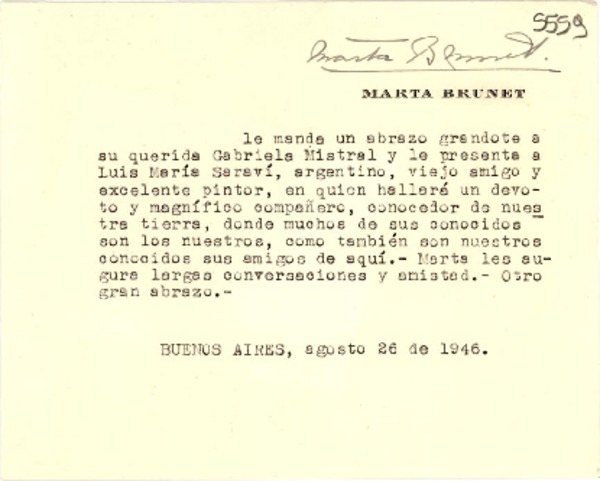 [Tarjeta] [1946 ago. 26, Buenos Aires [a] Gabriela Mistral