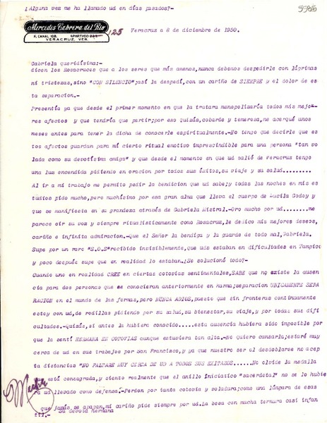 [Carta] 1950 dic. 8, Veracruz [a] Gabriela Mistral
