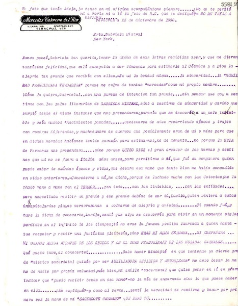 [Carta] 1950 dic. 23, Veracruz [a] Gabriela Mistral, New York