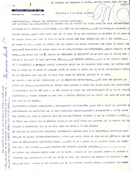 [Carta] 1951 mar. 3, Veracruz [a] Gabriela Mistral