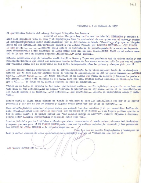 [Carta] 1952 feb. 3, Veracruz, [México] [a] [Gabriela Mistral]