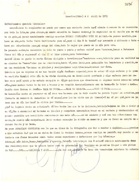 [Carta] 1951 abr. 4, Remedios, Cuba [a] Gabriela Mistral