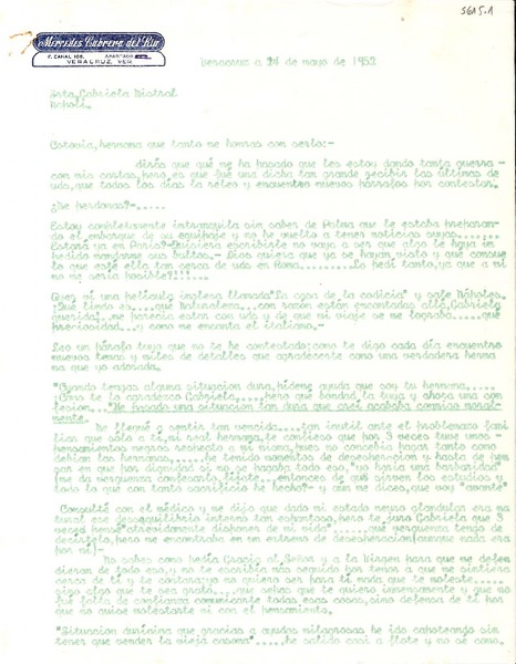 [Carta] 1952 mayo 24, Veracruz, [México] [a] Gabriela Mistral