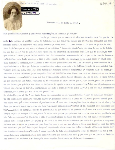 [Carta] 1952 jun. 1, Veracruz, [México] [a] Gabriela [Mistral], Doris [Dana]