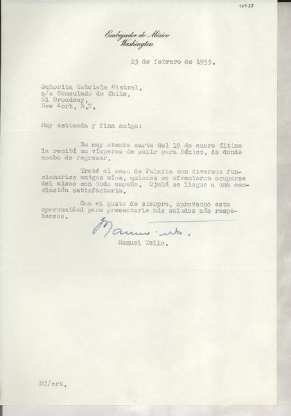 [Carta] 1955 feb. 25, Washington [a] Gabriela Mistral, New York