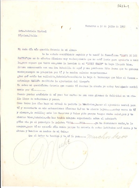 [Carta] 1952 jul. 10, Veracruz, [México] [a] Gabriela Mistral, Nápoles, Italia