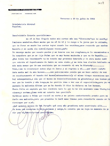 [Carta] 1952 jul. 30, Veracruz, [México] [a] Gabriela Mistral, Nápoles, [Italia]