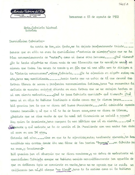 [Carta] 1952 ago. 12, Veracruz, [México] [a] Gabriela Mistral, Nápoles, [Italia]