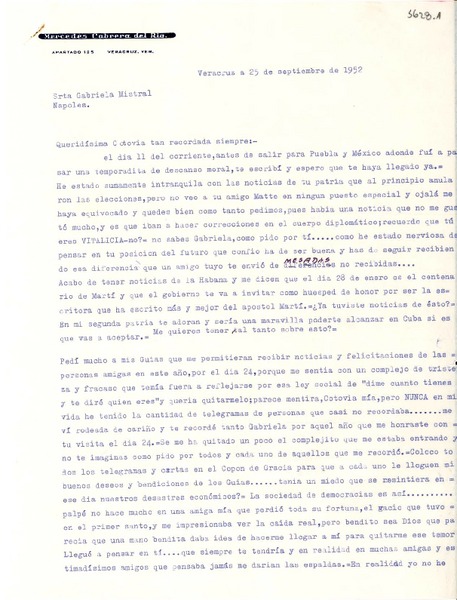 [Carta] 1952 sept. 25, Veracruz, [México] [a] Gabriela Mistral, Nápoles, [Italia]