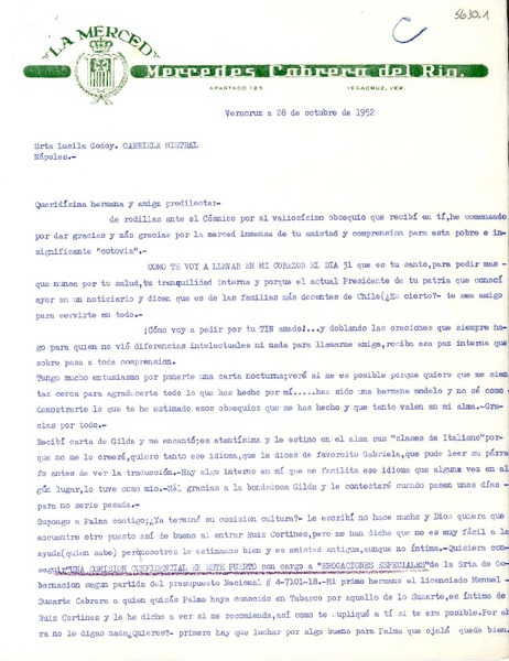 [Carta] 1952 oct. 28, Veracruz, [México] [a] Gabriela Mistral, Nápoles, [Italia]