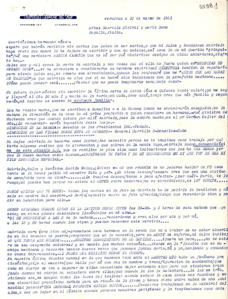 [Carta] 1951 mar. 10, Veracruz [a] Gabriela Mistral y Doris Dana, Rapallo, Italia