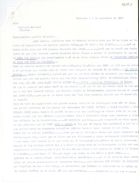 [Carta] 1952 nov. 1, Veracruz, [México] [a] Gabriela Mistral, Nápoles, [Italia]