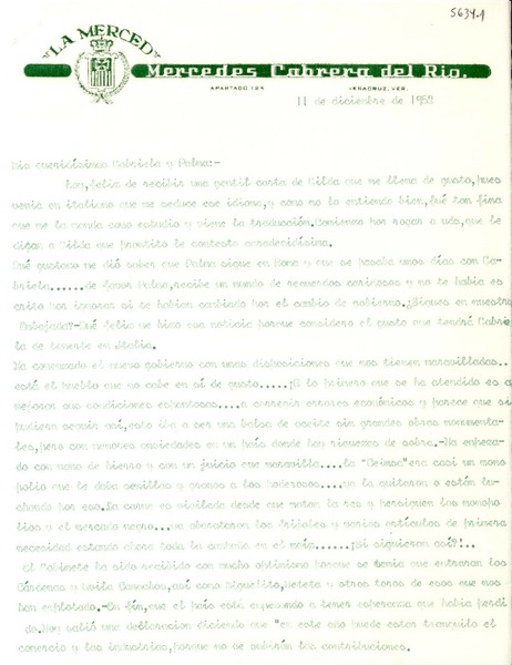 [Carta] 1952 dic. 11, Veracruz, [México] [a] Gabriela [Mistral], Palma [Guillén]