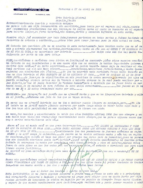 [Carta] 1951 abr. 27, Veracruz [a] Gabriela Mistral, Rapallo, Italia