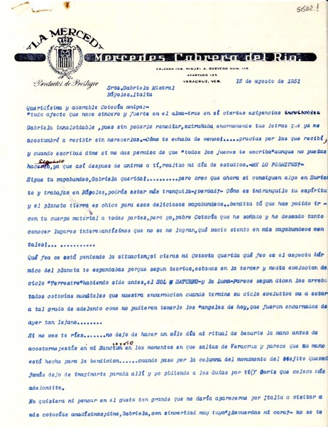[Carta] 1951 ago. 13, Veracruz [a] Gabriela Mistral, Nápoles, Italia