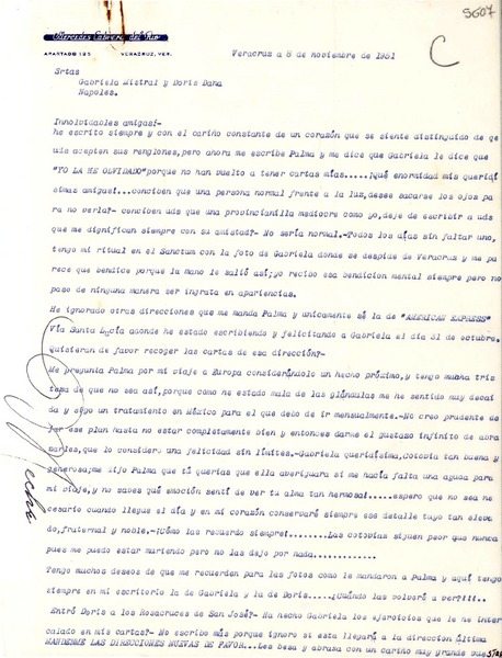 [Carta] 1951 nov. 8, Veracruz [a] Gabriela Mistral y Doris Dana, Nápoles