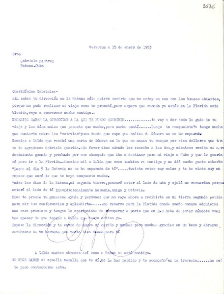 [Carta] 1953 ene. 15, Veracruz [a] Gabriela Mistral, Habana, Cuba