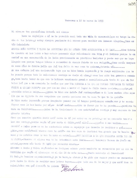 [Carta] 1953 mar. 12, Veracruz [a] Gabriela Mistral