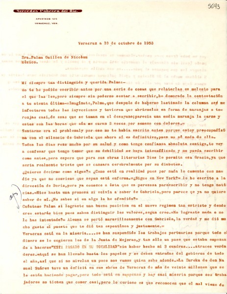 [Carta] 1953 oct. 10, Veracruz [a] Palma Guillén de Nicolau, México
