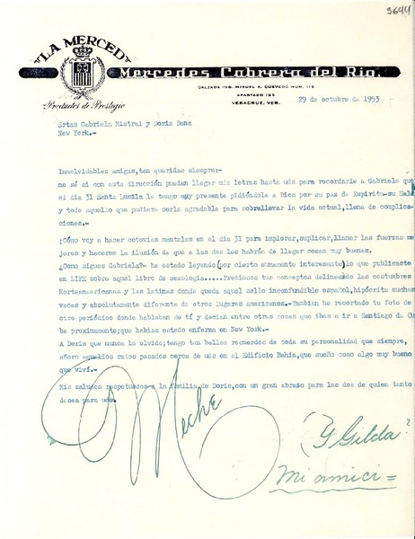 [Carta] 1953 oct. 29, Veracruz [a] Gabriela Mistral y Doris Dana, New York