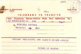 [Telegrama] [1948?] sept. 2, Montevideo, [Uruguay] [a] Gabriela Mistral, Santiago, [Chile]
