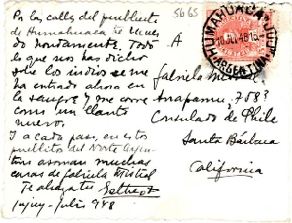 [Tarjeta postal] 1948 jul., Jujuy, [Argentina] [a] Gabriela Mistral, Santa Bárbara, California