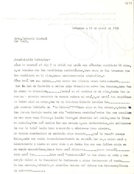 [Carta] 1955, abr. 11, Veracruz [a] Gabriela Mistral, New York