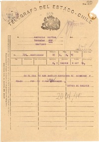 [Telegrama] [1949?] oct. 2, Montevideo, [Uruguay] [a] Gabriela Mistral, Santiago, [Chile]
