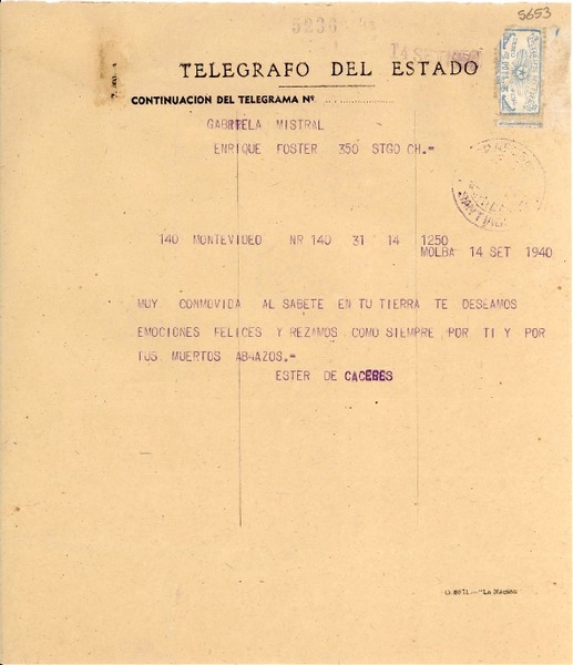 [Telegrama] 1954 sept. 14, Montevideo [a] Gabriela Mistral, Santiago de Chile