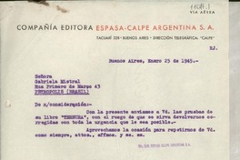 [Carta] 1945 ene. 25, Buenos Aires, [Argentina] [a] Gabriela Mistral, Petrópolis, Brasil