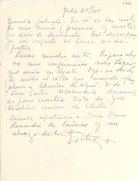 [Carta] 1955 jul. 20, [Uruguay] [a] Gabriela [Mistral]