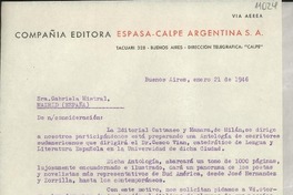 [Carta] 1946 ene. 21, Buenos Aires, [Argentina] [a] Gabriela Mistral, Madrid, España