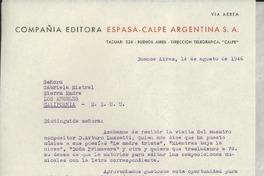 [Carta] 1946 ago. 14, Buenos Aires, [Argentina] [a] Gabriela Mistral, Los Angeles, California, EE.UU.