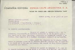 [Carta] 1947 jun. 12, Buenos Aires, [Argentina] [a] Gabriela Mistral, Los Angeles, California, [EE.UU.]
