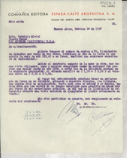 [Carta] 1947 oct. 1, Buenos Aires, [Argentina] [a] Gabriela Mistral, Los Angeles, California, [EE.UU.]