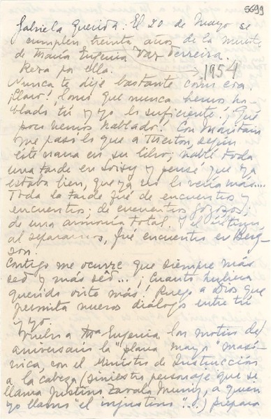 [Carta] 1954 mayo 20, [Uruguay] [a] Gabriela Mistral
