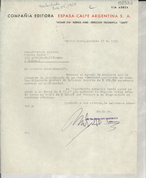 [Carta] 1949 oct. 13, Buenos Aires, [Argentina] [a] Gabriela Mistral, Sierra Madre, Los Angeles, California, [EE.UU.]